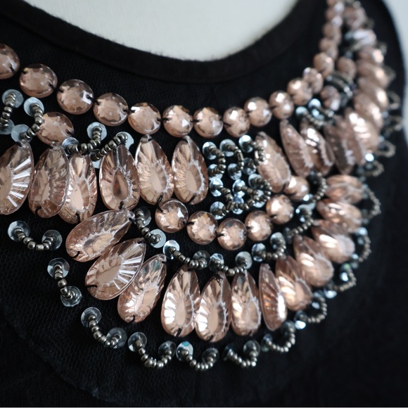 Rose Gold Beaded Neckline Black Blouse with Bow Tie in Back - Picture 7 of 8